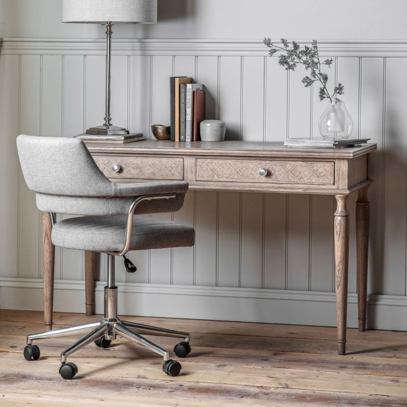 Wooden two drawer desk with elegant turned legs