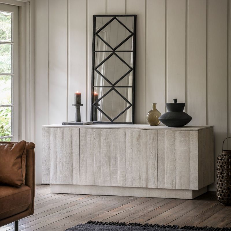 Chunky whitewash sideboard with 4 doors, 2 cupboards and interior shelves