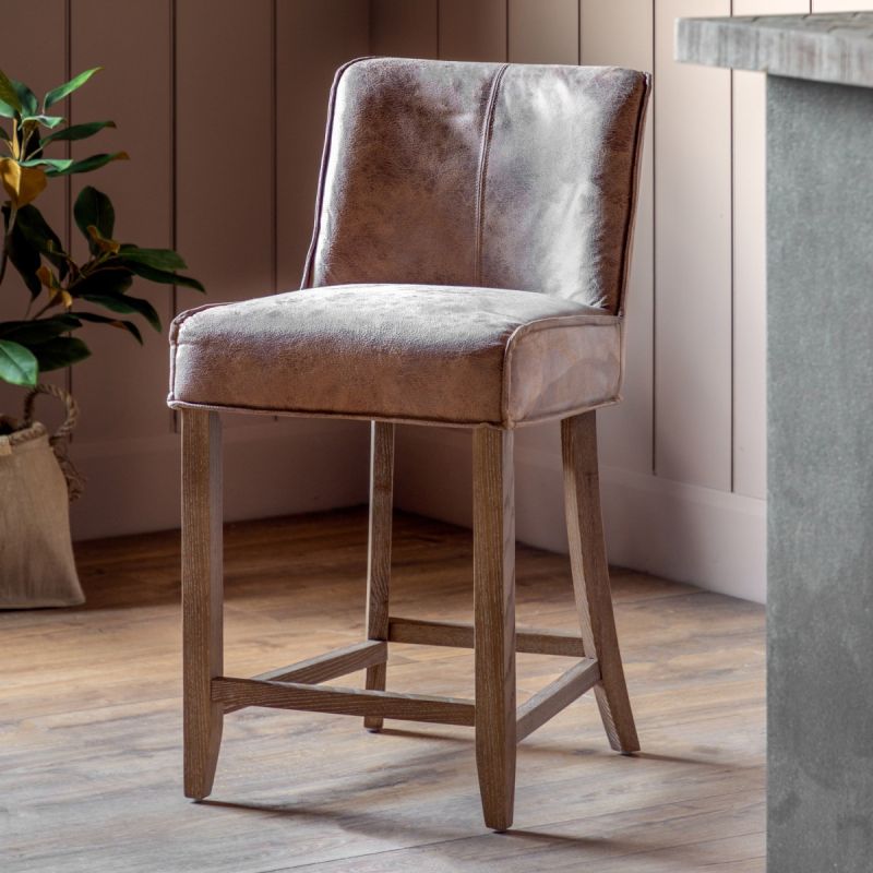 Wooden bar stool with square brown leather seat