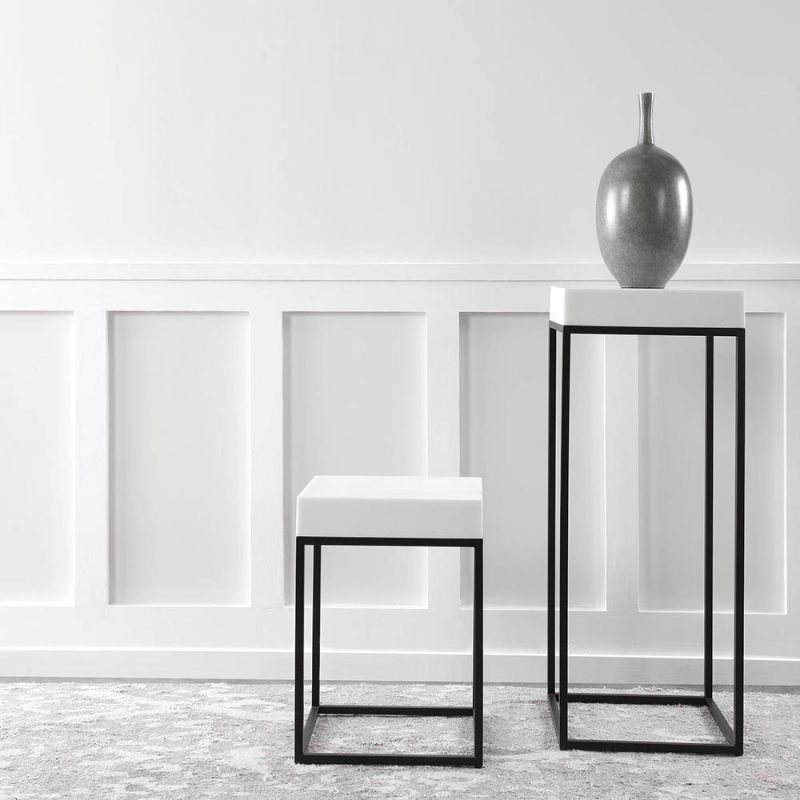 Minimalist black frame side table with white marble top