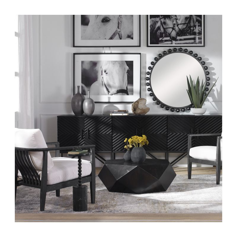 Dark wood coffee table with geometric silhouette