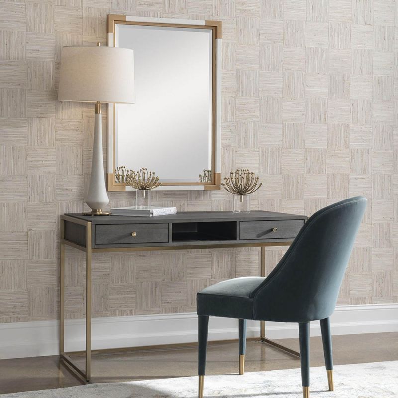 Elegant minimal desk with antiqued brass legs and two drawers with hollow shelf