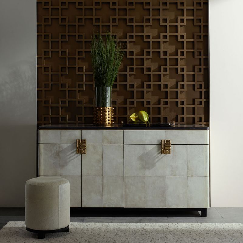 Art deco-inspired credenza wrapped in ivory panelling framed by solid ebony oak 
