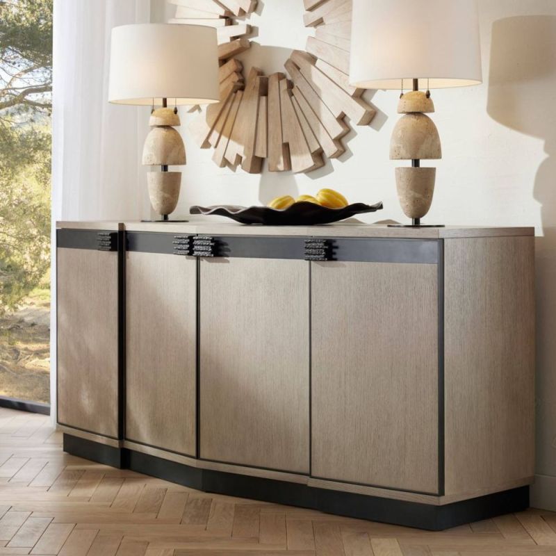 Light wood sideboard with four doors and black accents