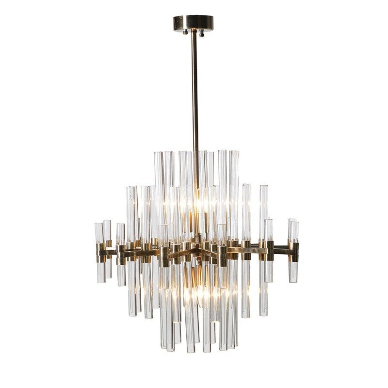 Stylish, glass rod arrangement chandelier with gold detailing - Large
