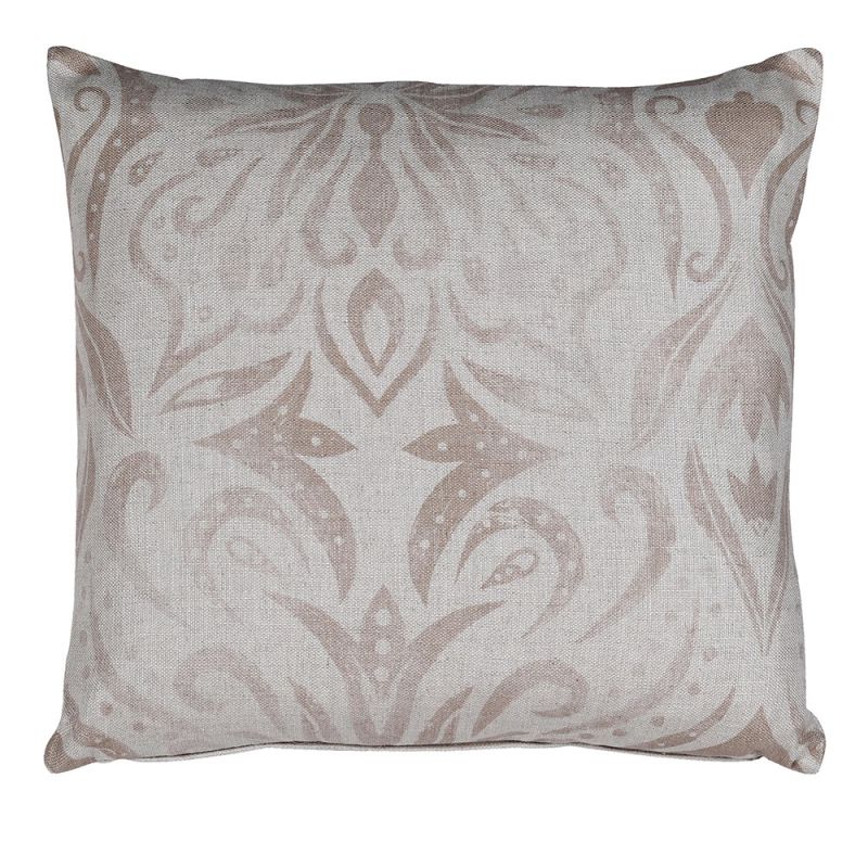 Distressed beige patterned cushion with grey background 