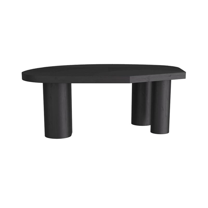 Sculptural ebony wooden coffee table with three large drum-like legs