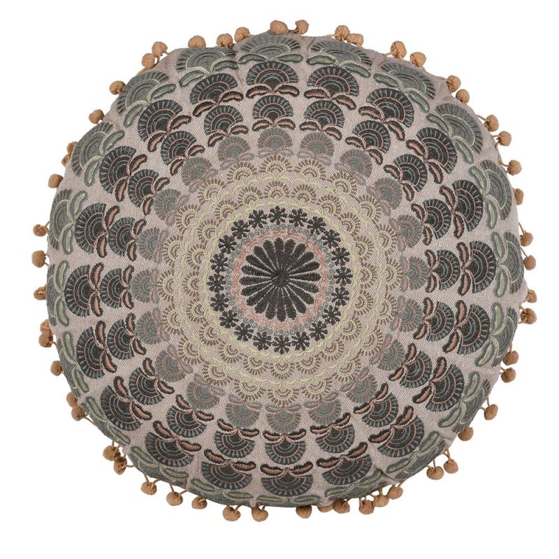 Mandala print circular cushion with pom poms 