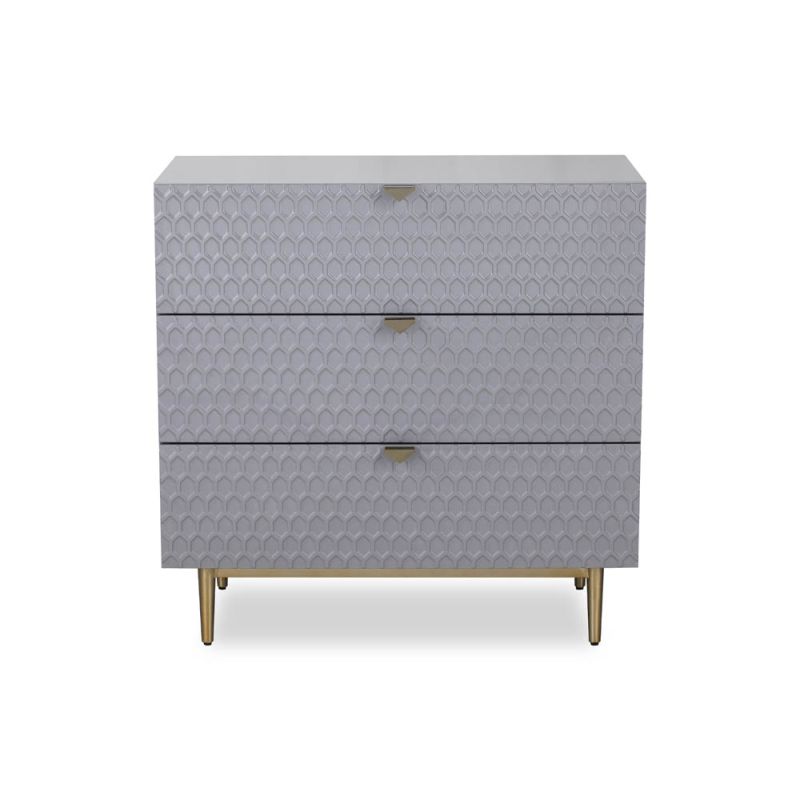 Grey chest of drawers with hexagon pattern and brass legs