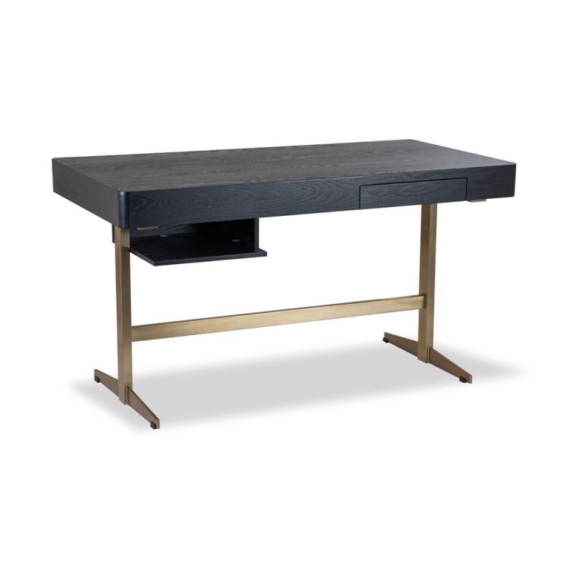 Black wooden desk with brass legs, convenient frieze drawer and under-mounted slide