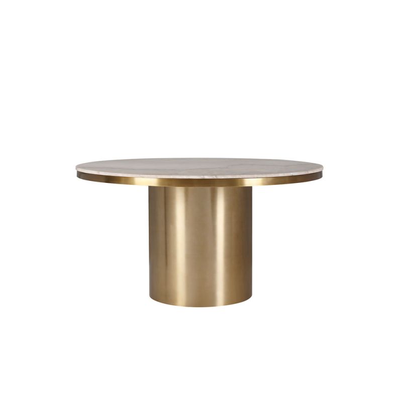 Round dining table with beautiful brushed brass finish and clean white marble