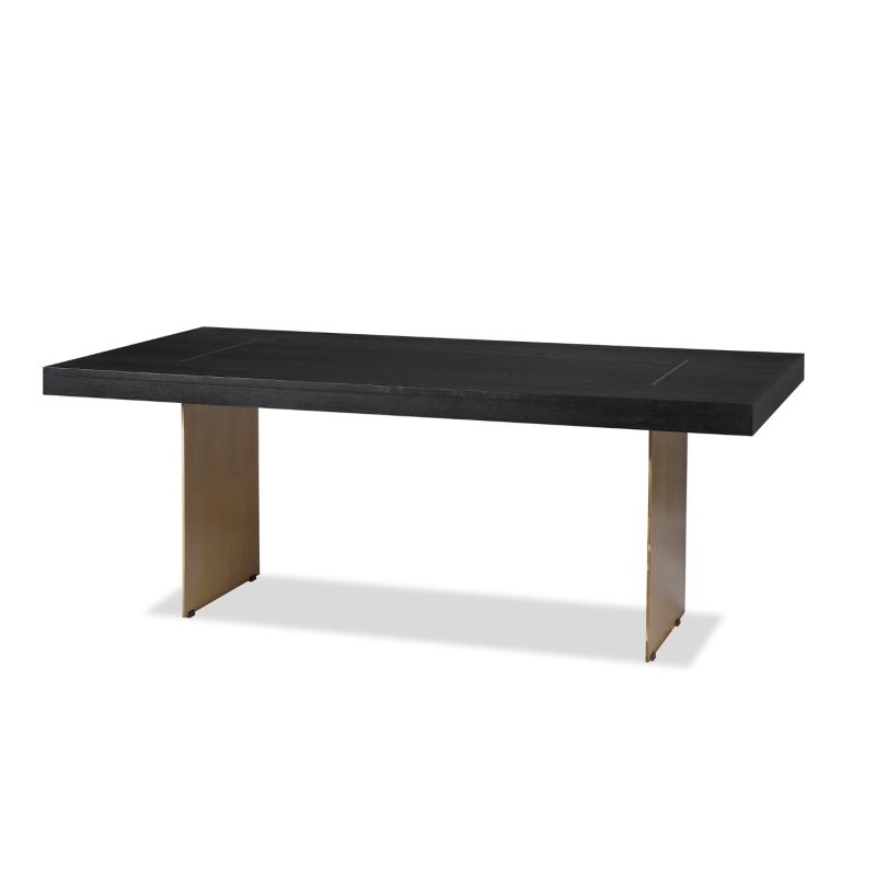 Dining table with rectangular brass legs and stylish top of figured black ash veneer