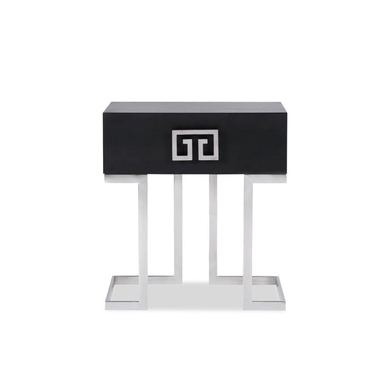 black side table with geometric stainless steel accents