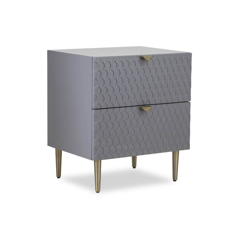 Grey bedside with hexagonal inlay pattern and brass accents
