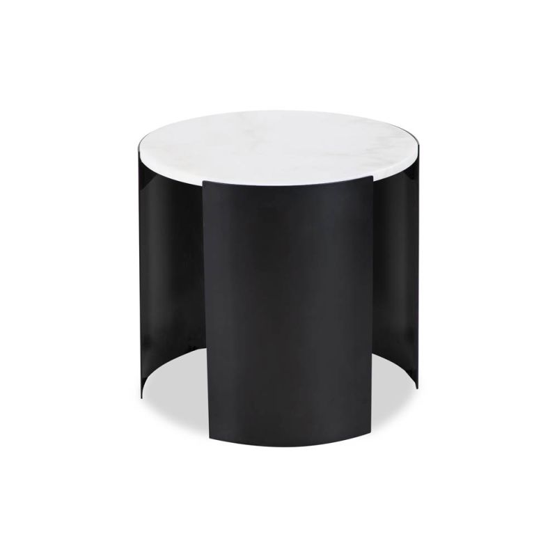White marble round top side table with black curved legs