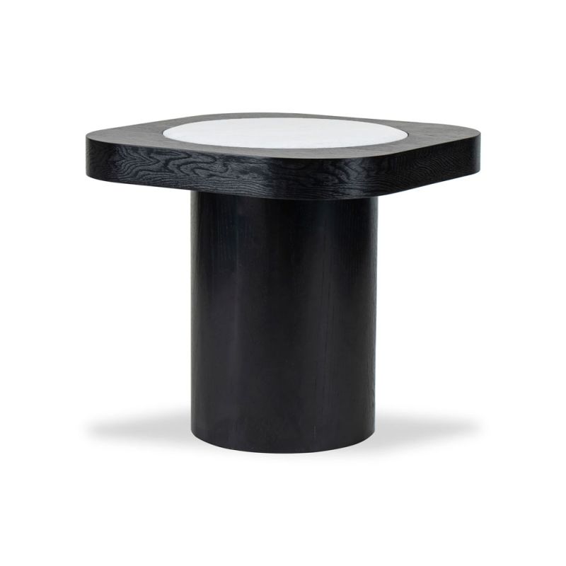 Black wood side table with plinth base and white round detail