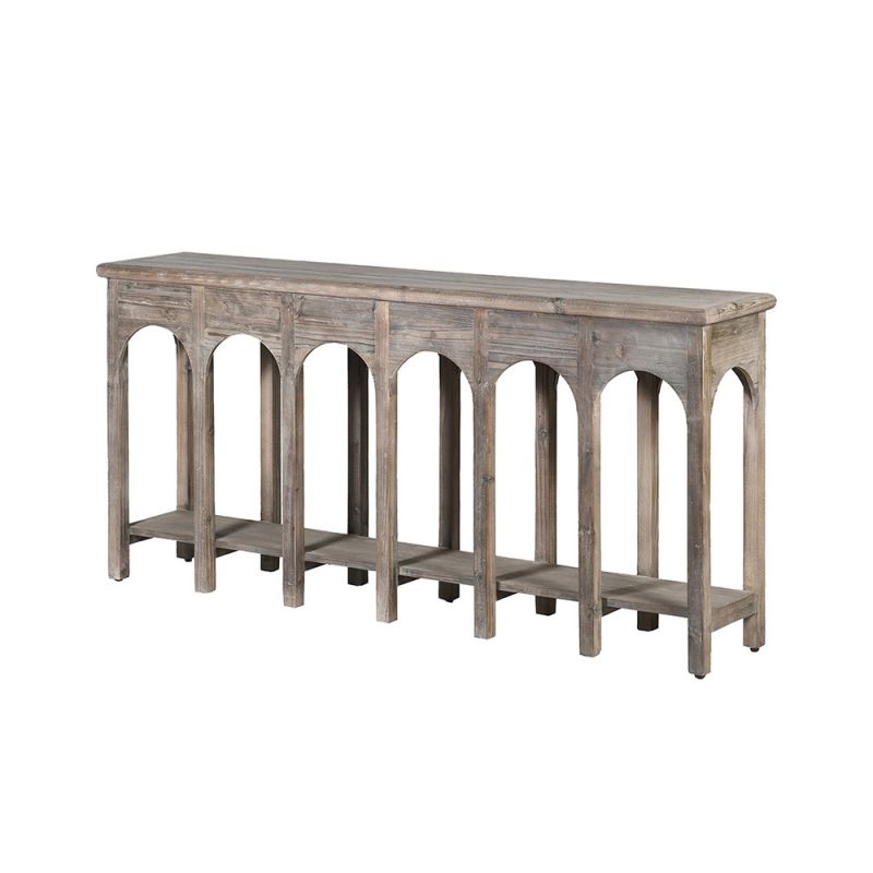 Stoic console table in grey wood finish with elegant arch details