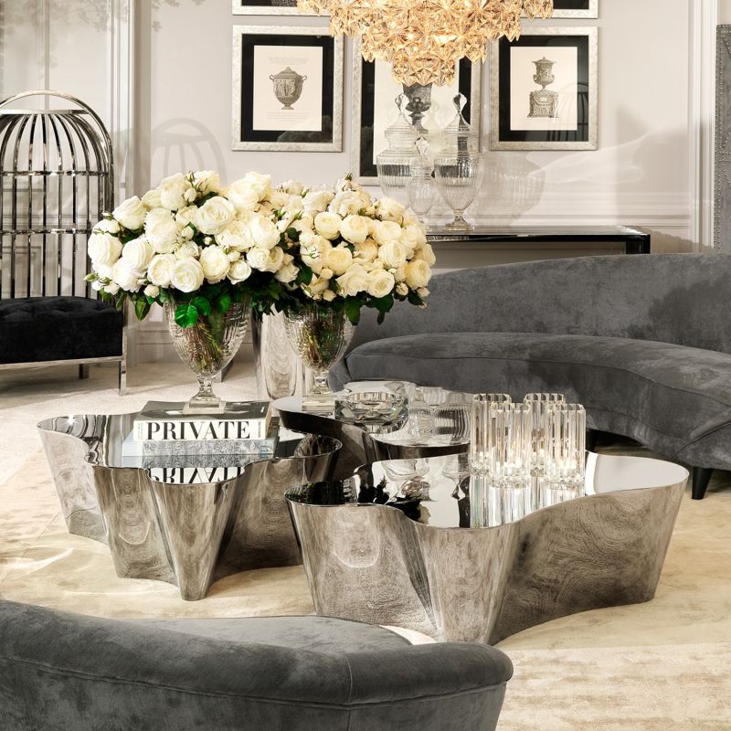 Luxury mirrored polished stainless steel curved coffee table