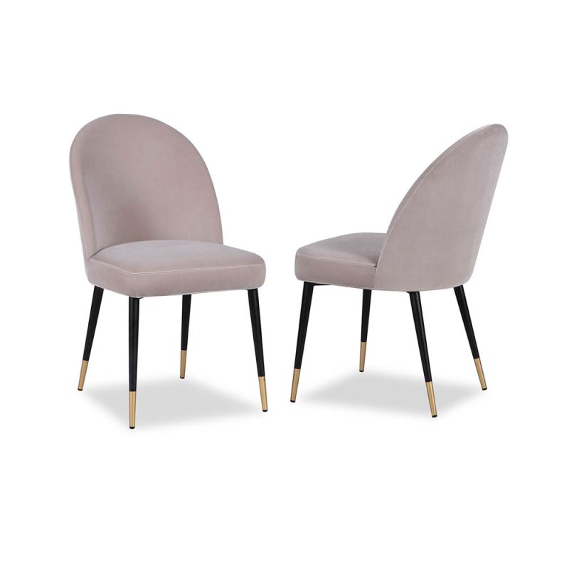 Light grey upholstered dining chair with tapered black legs with brass caps