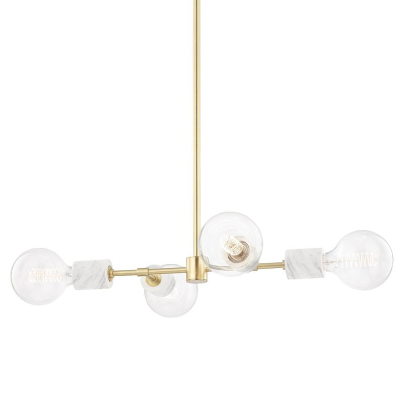 A glamorous aged brass ceiling lamp with glass lampshades and marble accents