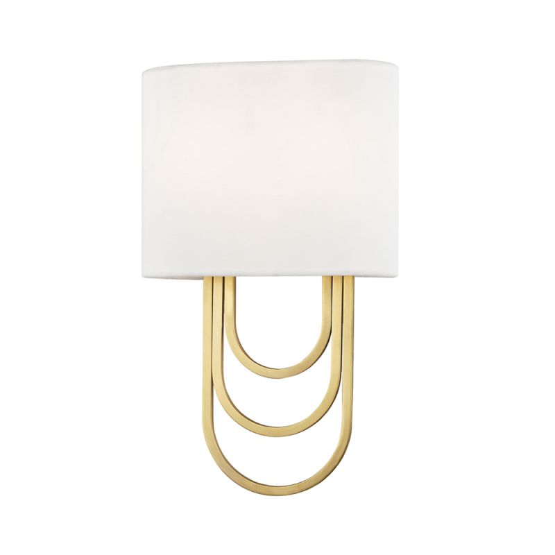 A glamorous wall sconce by Hudson Valley Farah with draped steel loops and an off-white linen shade