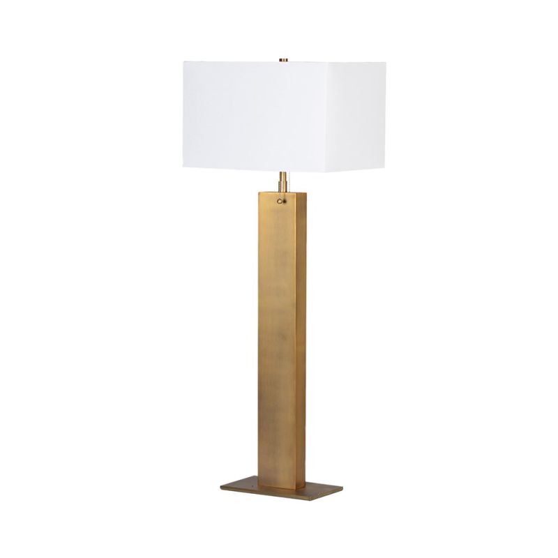 Tall brass table lamp with white rectangular shade