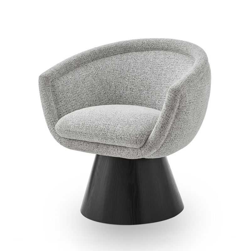 A captivating occasional chair with a gorgeous grey upholstery and cone base