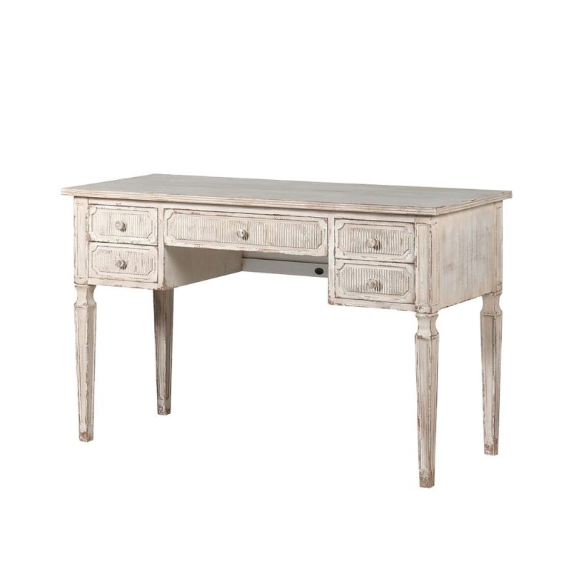 An antique,  distressed white Gustavian desk with five drawers