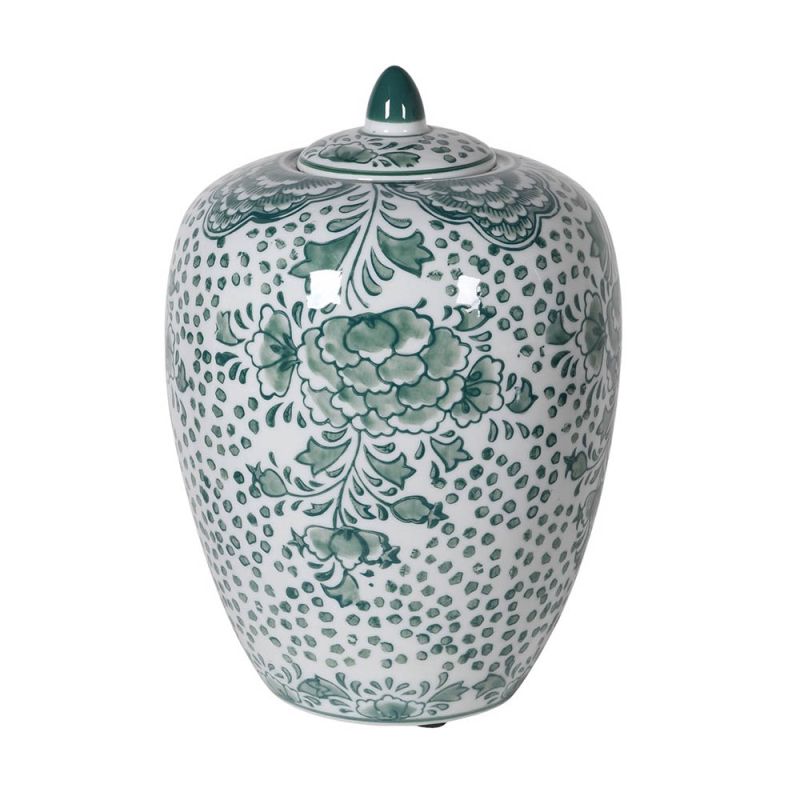 Decorative urn with a ceramic lid and green painted detailing