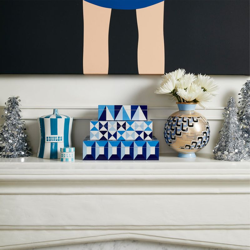 Wooden lacquer box with blue and white geometric design 