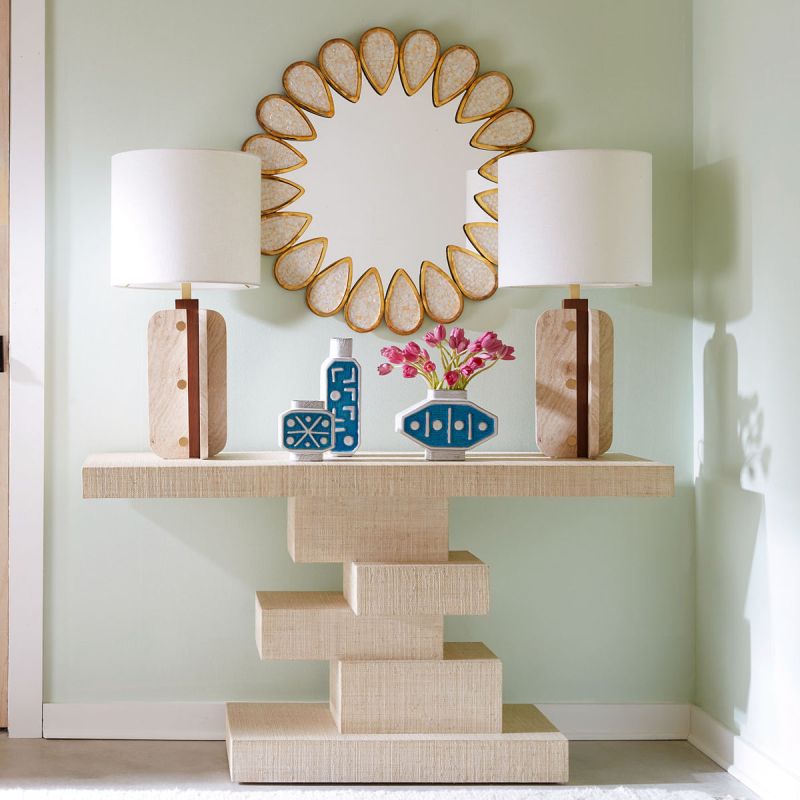 Eye-catching stacked cubist console table in ivory finish