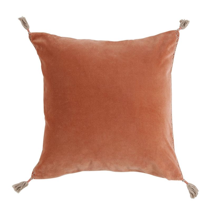 velvet feel terracotta colour cushion with tassels