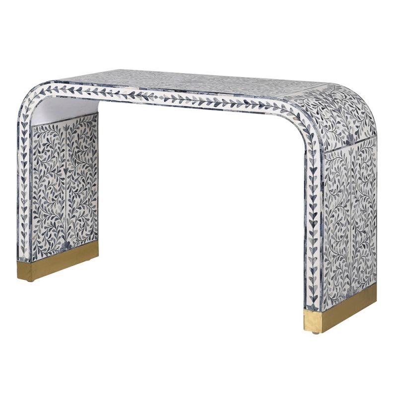 Curved console table in blue and white floral design