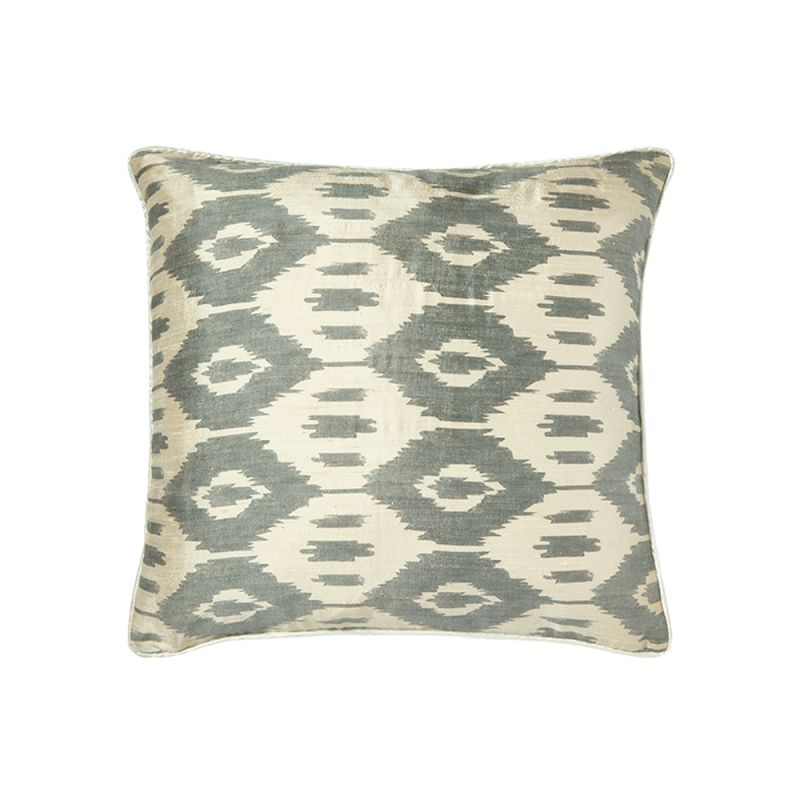 Grey square silk cushion with aztec pattern