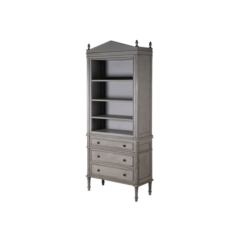 Traditional style bookcase in grey with three shelves and drawers