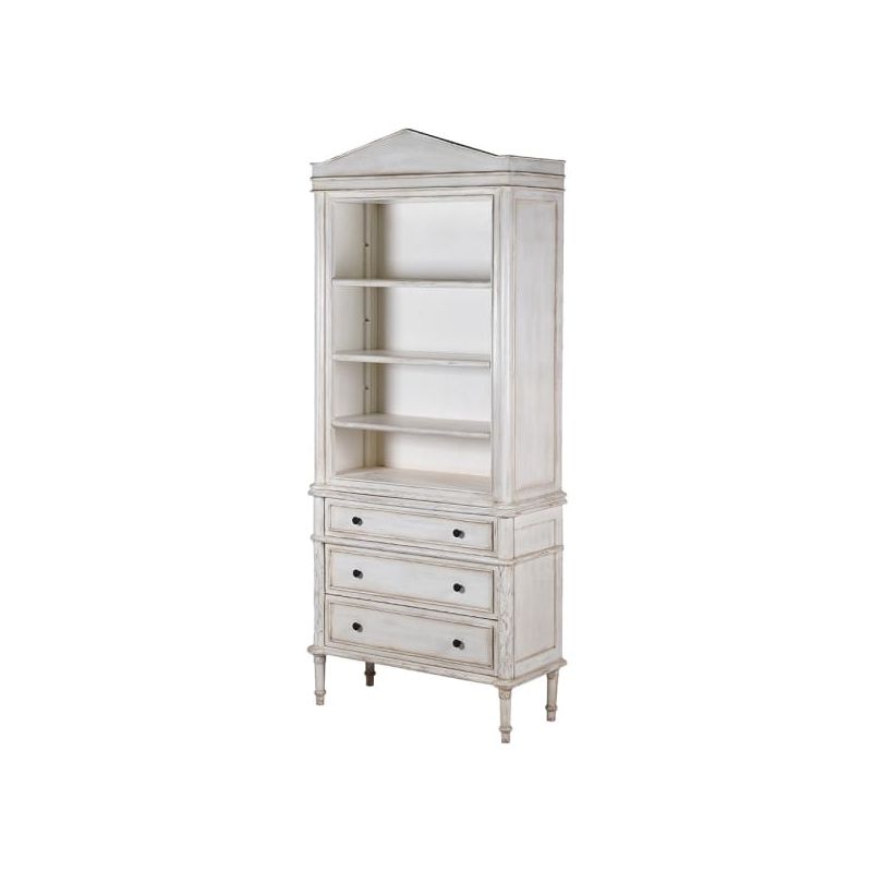 Elegant bookcase with three drawers and shelves in white wash wood finish