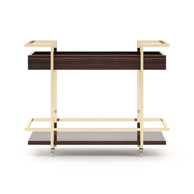 A luxurious mid-century inspired tea cart/drinks trolley with golden accents 