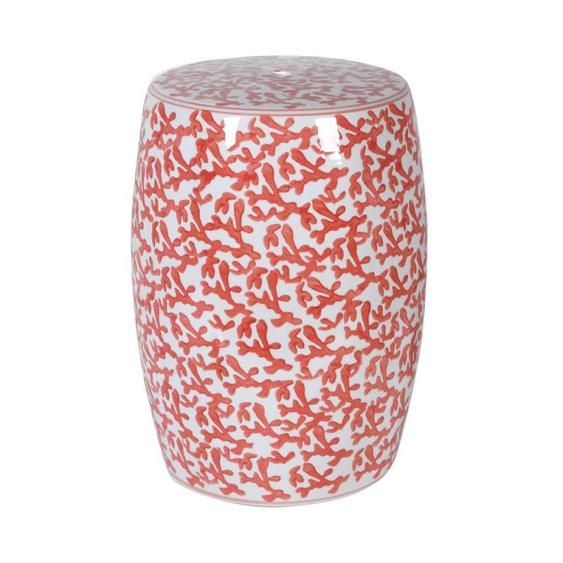 beautifully crafted stool features a coral design in striking red and white hues