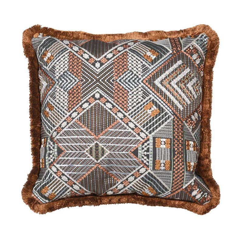 Gorgeous patterned cushion with copper-toned embroidery and fringe