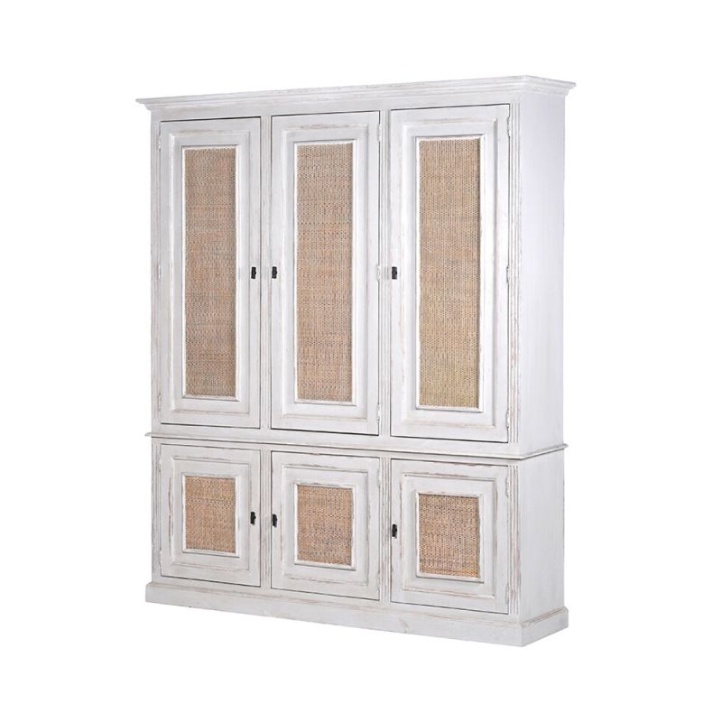 large 6 door white cabinet with rattan panels