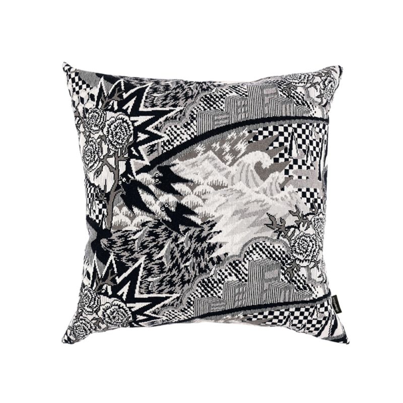 An artistic cushion by Romo featuring an eclectic array of monochrome illustrations