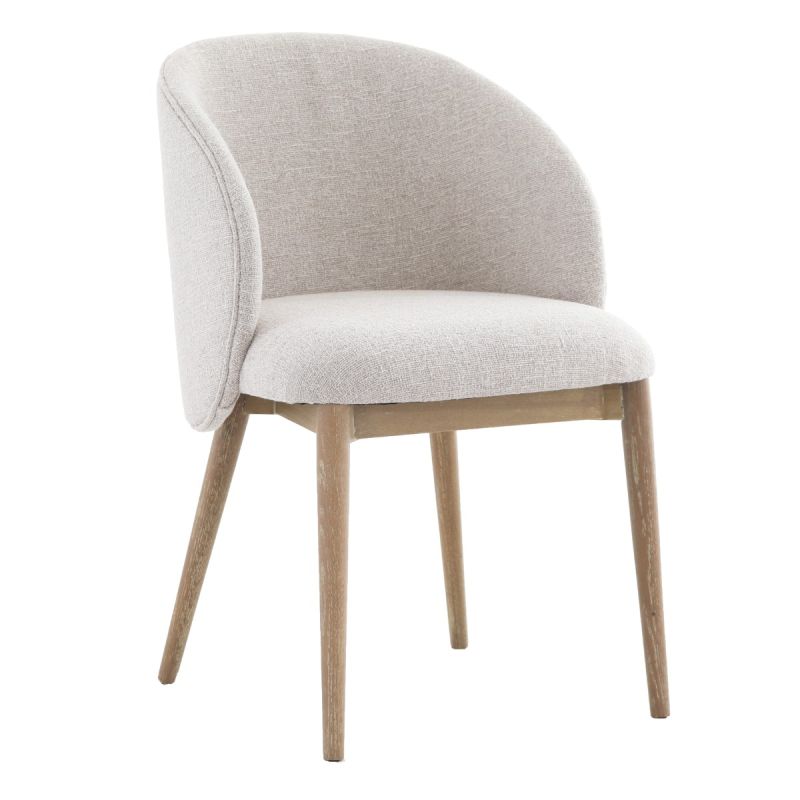 The Eton Dining Chair, with its curved upholstered back, soft linen fabric, and solid oak frame, offers modern comfort and Scandinavian-inspired style for everyday dining.