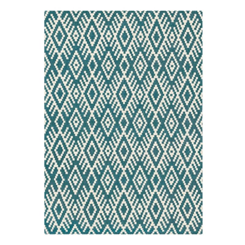 Geometric wool rug tribal design in blue