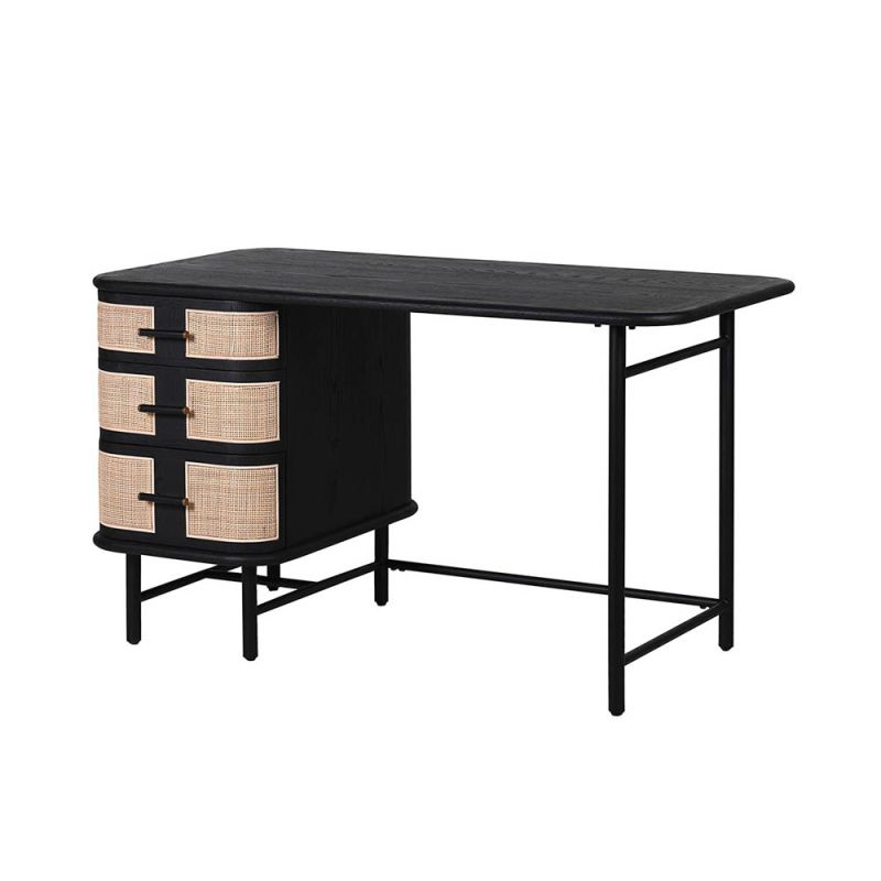 Captivating black wood desk with three rattan-finished drawers