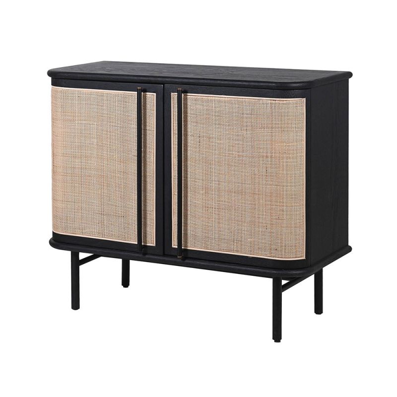 Enchanting side board in black wooden finish with rattan doors