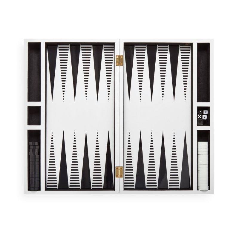 A luxury, monochrome backgammon set by Jonathan Adler with a high-contrast, luxe lacquer and velvet lining