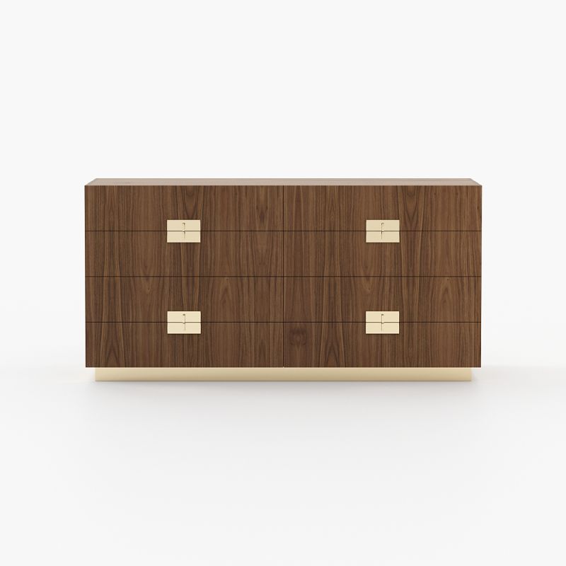 A luxurious walnut matte chest of drawers with golden accent