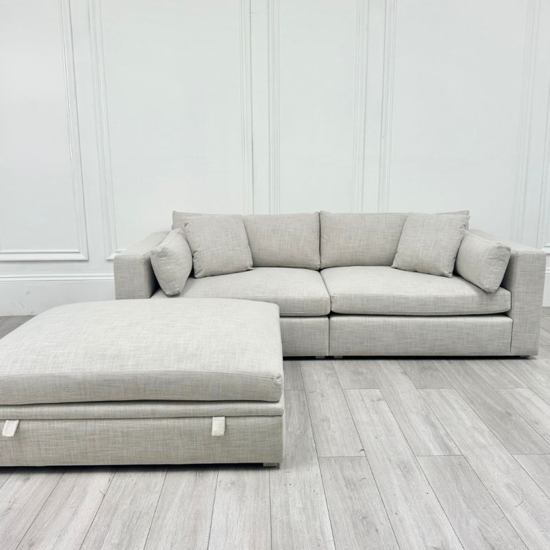 Handmade in London sofa and footstool in beautiful light grey fabric
