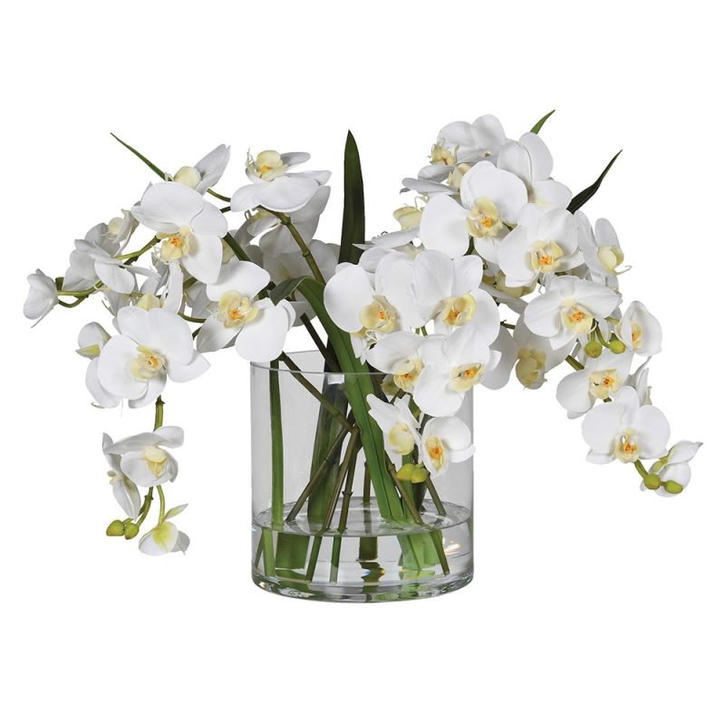 White orchid arrangement draped in a glass vase