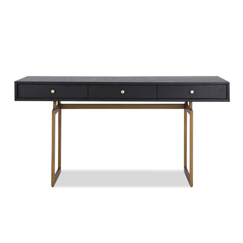 Black wooden industrial-style desk with brass frame